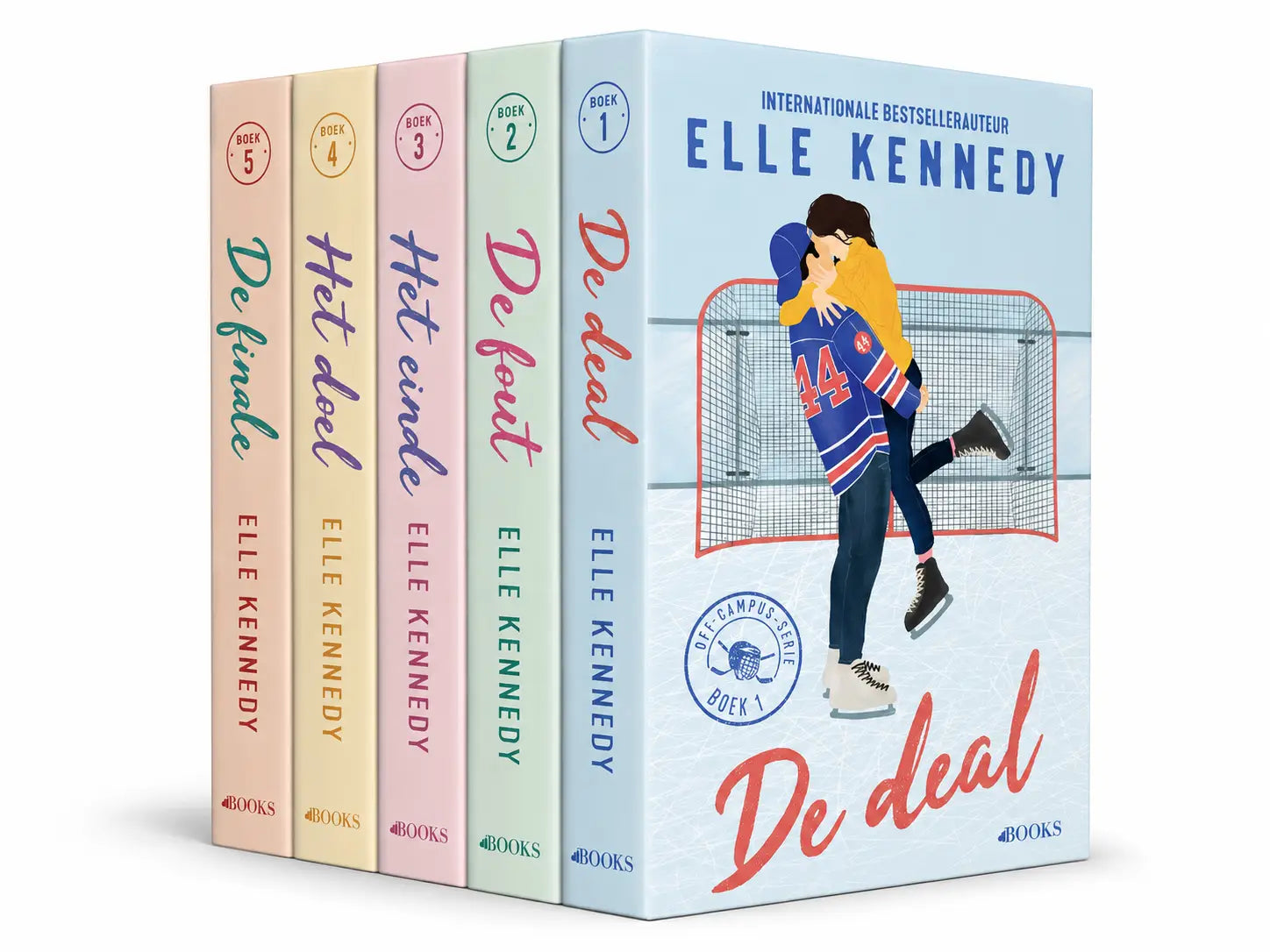 Het lichtblauwe hardcover boek de deal van elle kennedy toont twee hockeyspelers in een fake dating-trope internationale bestseller