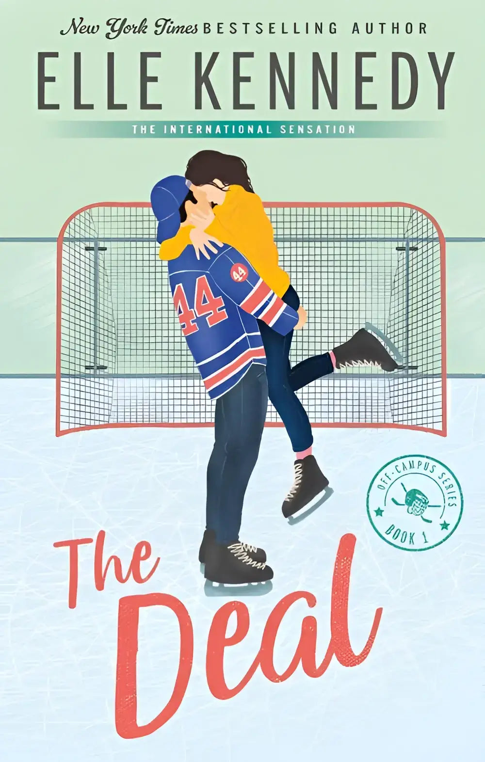 De deal van elle kennedy boekcover met illustratie van een paar op schaatsen bij een hockeynet in off-campus set