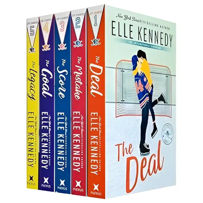 Off-campus serie shrinkwrapped set van elle kennedy met kleurrijke kaft en een illustratie van een ijshockeyspeler in beweging tegen een wit doelnet, ideaal voor fans van één nacht verhalen