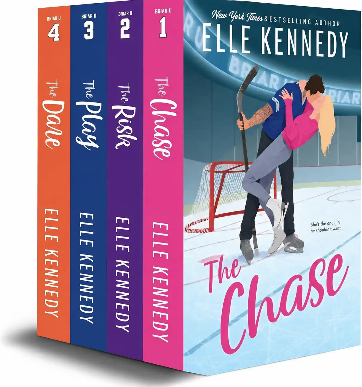 Vibrante roze hardcover roman the chase van bestsellerauteur elle kennedy uit de briar u-serie set biedt een hockeyliefdesverhaal