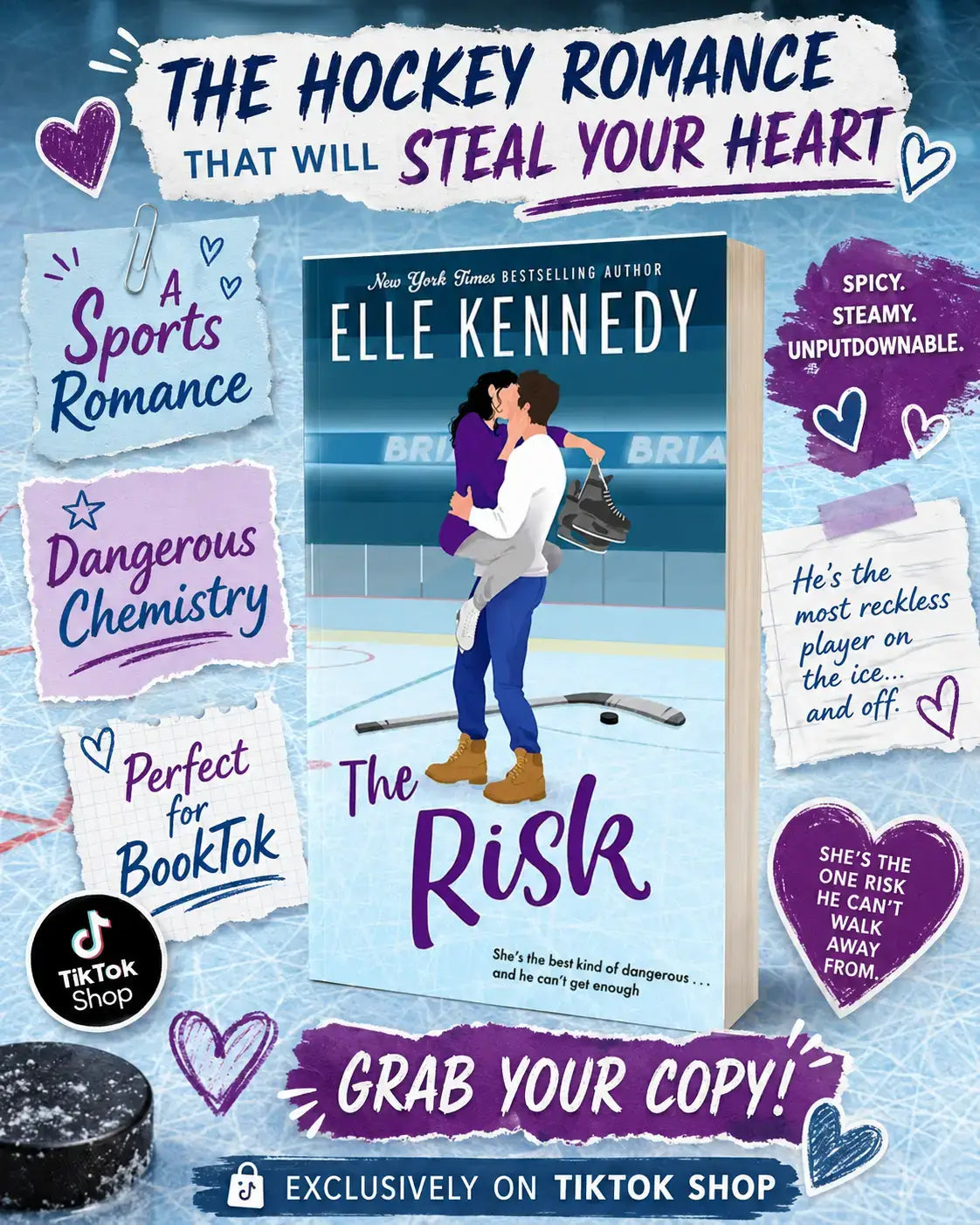 Illustratie van het boek the risk door bestsellerauteur elle kennedy met twee hockeyspelers omarmd op het ijs in briar u-serie set biedt vier sportromances