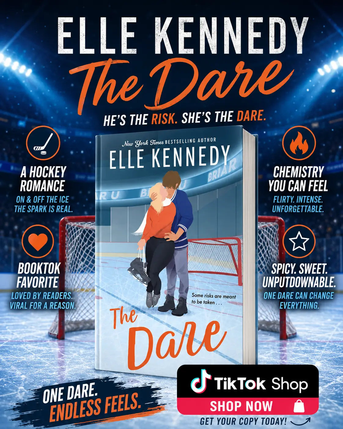 Paperback van the dare door elle kennedy met een ijsblauwe en oranje kaft en skaters die elkaar omhelzen, vierde deel