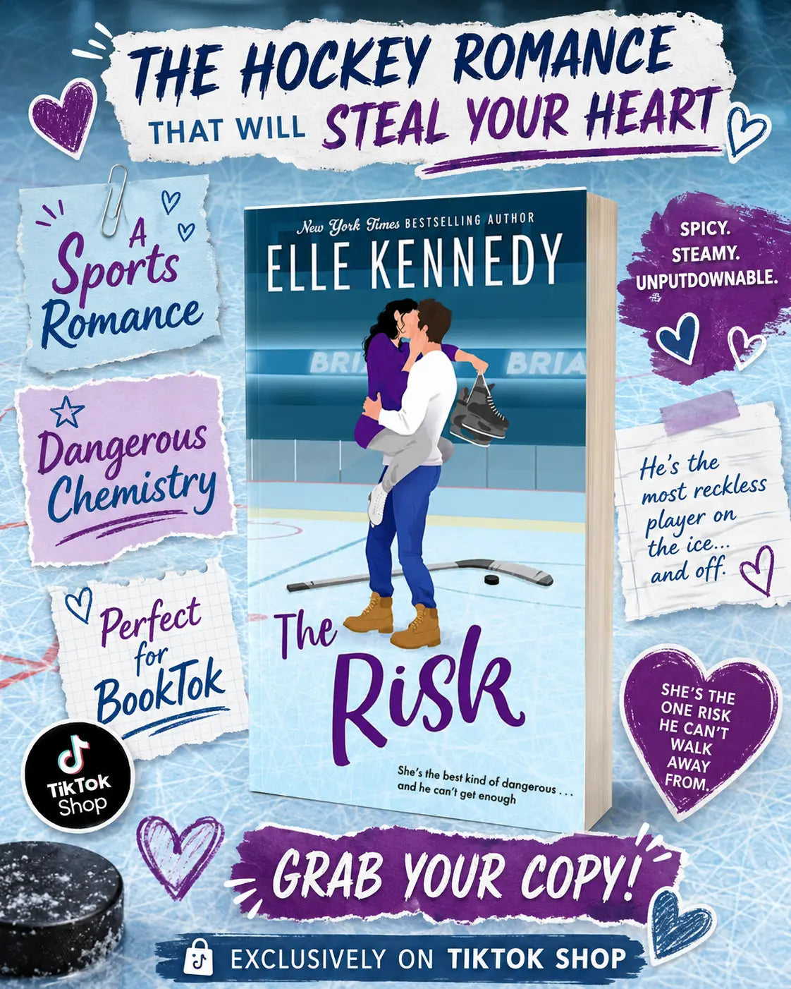 De risk van elle kennedy is een sports romance novel met twee hockeyspelers die omarmen op het ijs van de briar u-serie