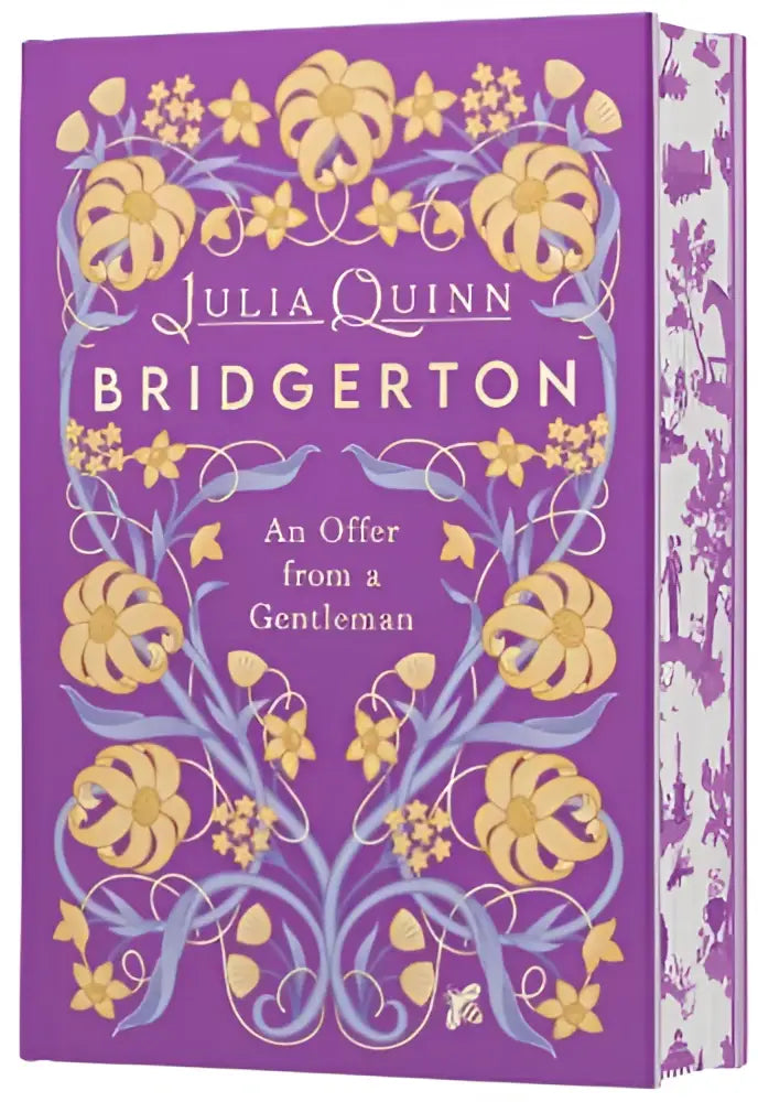 Paars hardcover boek bridgerton an offer from a gentleman met gouden en lichtblauwe bloemenillustraties gentleman deluxe editie