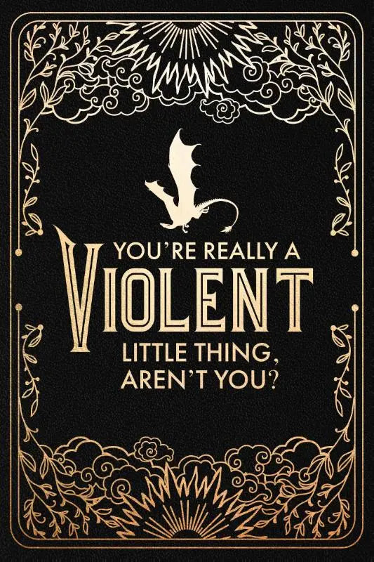 Zwarte cardstock journal met gouden folie tekst en witte draak silhouet, officiële fourth wing violent little thing editie