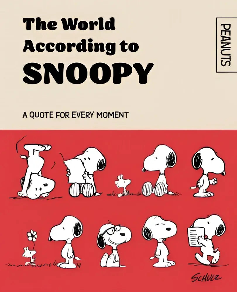 Officieel peanuts boek the world according met zwart-wit snoopy illustraties op een rood achtergrond cover