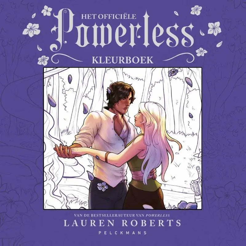 Paarse cover van het officiële powerless-kleurboek met een getekend dansend koppel in bosrijke omgeving
