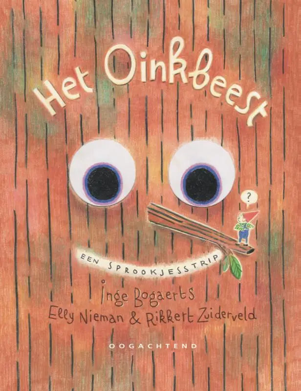 De kinderboekcover van Het Oinkbeest toont een speelse cartoonachtige oranje bruine houten achtergrond met grote ogen