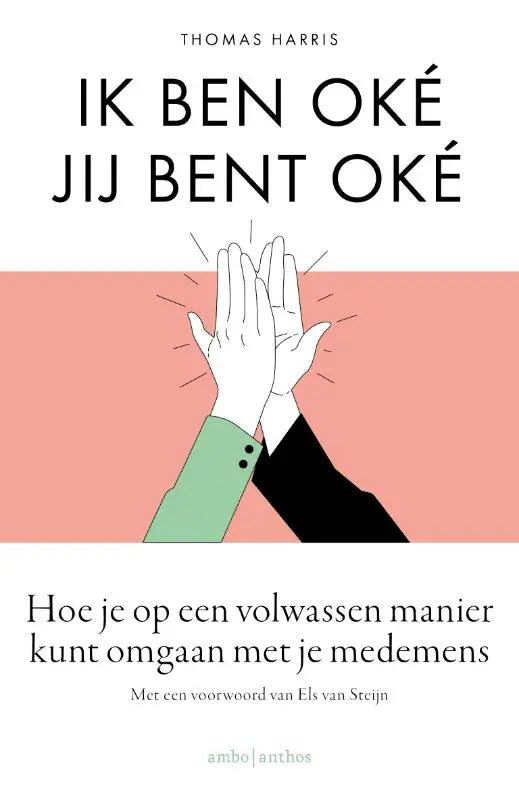 Boekcover van ik ben oké jij bent oké met minimalist illustration van twee klappende handen in groen en zwart voor een volwassen manier van omgaan