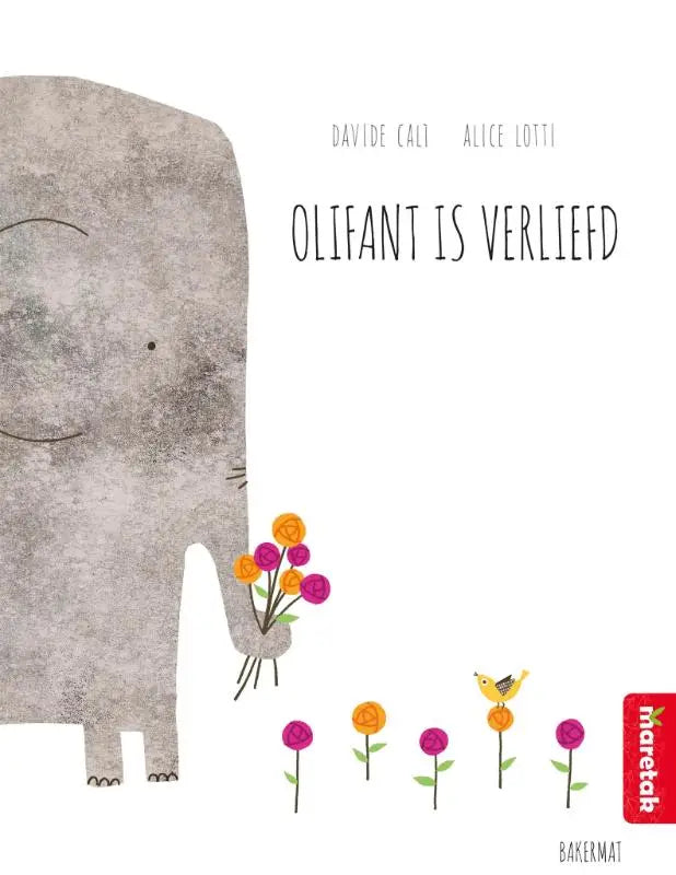 Een charmante geïllustreerde kinderboekcover met een grijze olifant en kleurrijke bloemen voor jonge lezers