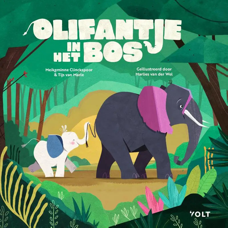 Charmant geïllustreerde kinderboekcover olifantje in het bos met een donkergrijze olifant en een babyolifant voor jonge lezers
