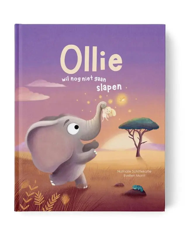 Paars hardcover kinderboek ollie wil nog niet gaan slapen met cartoon grijze olifant voor jonge lezers