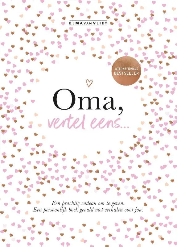 Een zachtroze en gouden, hartjespatroon boekomslag met de titel oma vertel eens van elmavvliet