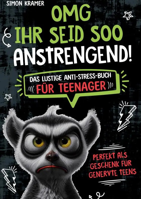Een cartoonlemur met grote gele ogen en een norse uitdrukking in grijstinten in das lustige anti-stress boek ihr seid soo anstrengend