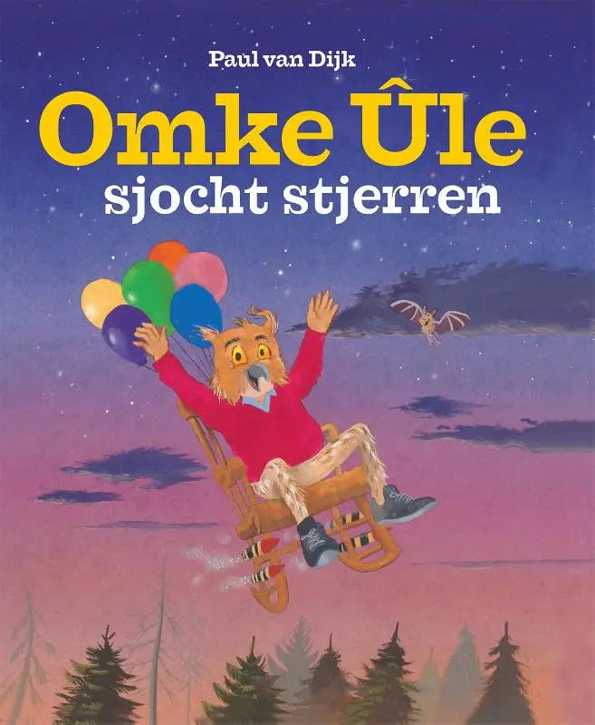 Een cartoonuil in een rode trui en patroonbroek zit vrolijk op een oranje houten stoel met ballonnen tegen een sterrijke avondlucht in omke Ûle sjocht stjerren