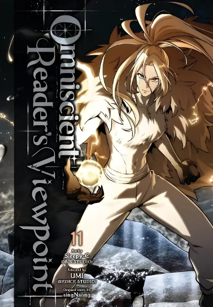 De cover van omniscient readers viewpoint volume 11 toont een personage met lang blond haar en een wit kostuum die een gloeiende bol vasthoudt