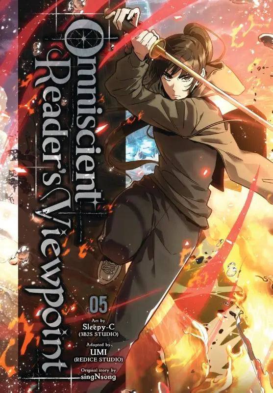 De cover van omniscient readers viewpoint volume 5 toont een animefiguur in donkerbruine kleding met zwaard tegen vurige explosies