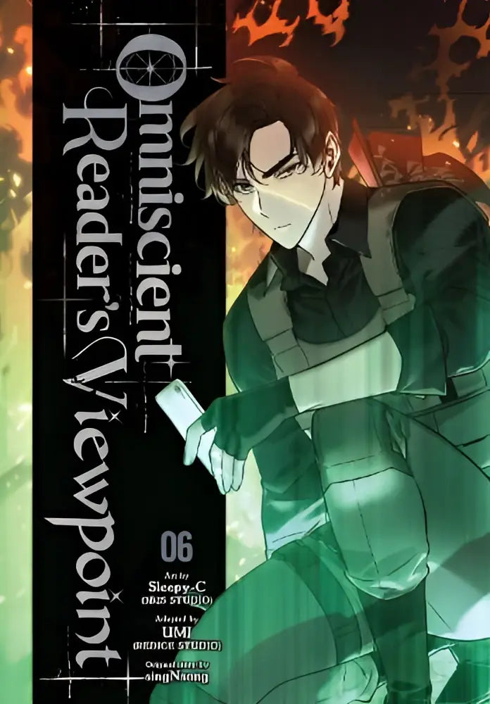 De cover van omniscient readers viewpoint volume 6 toont een mannelijke figuur in een donkergroen tactisch pak tegen een vurige achtergrond