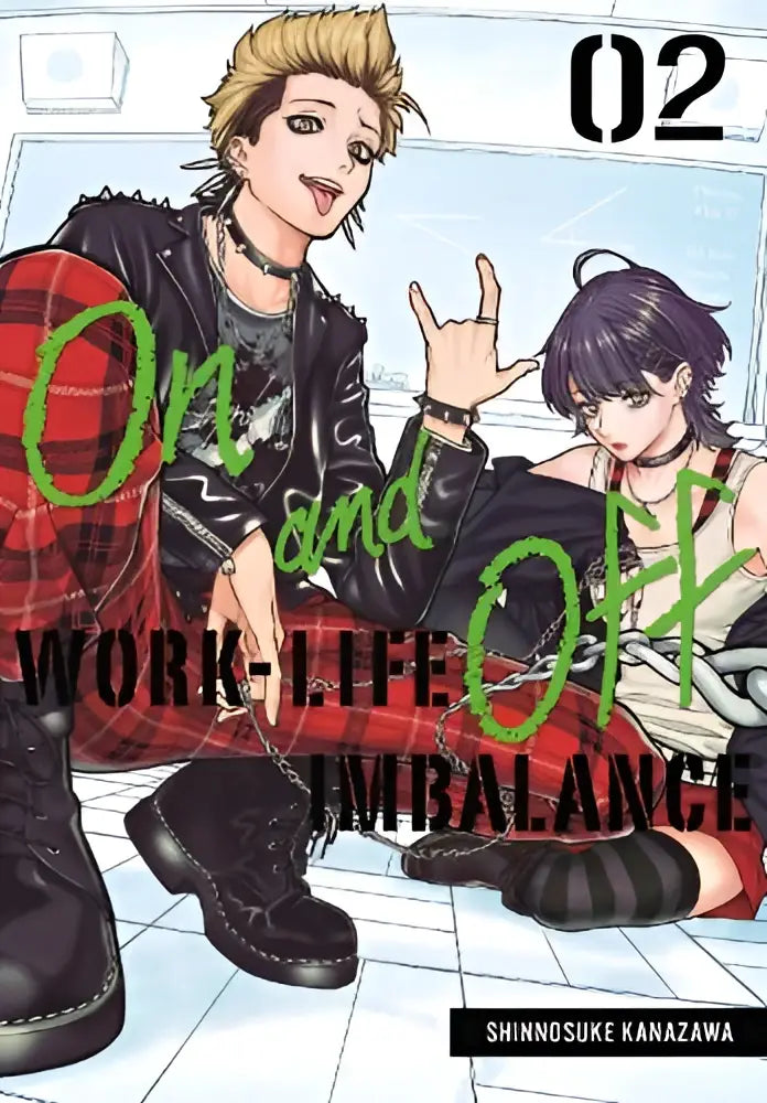 De cover van de manga on and off work-life imbalance 02 toont twee animepersonages in casual, edgy outfit met zwarte laarzen