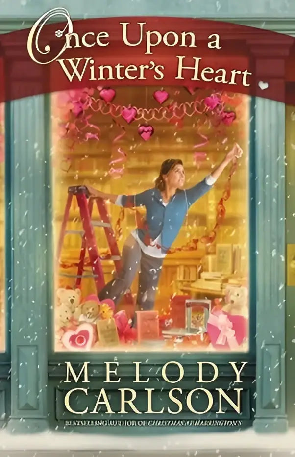 De roman once upon a winters heart van melody carlson toont een feestelijke raamdecoratie met roze hartlinten en sneeuwvlokken