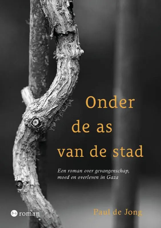 Zwart-witte boekomslag met een knoestige tak en de titel onder de as van de stad in gouden letters voor een roman over Gaza