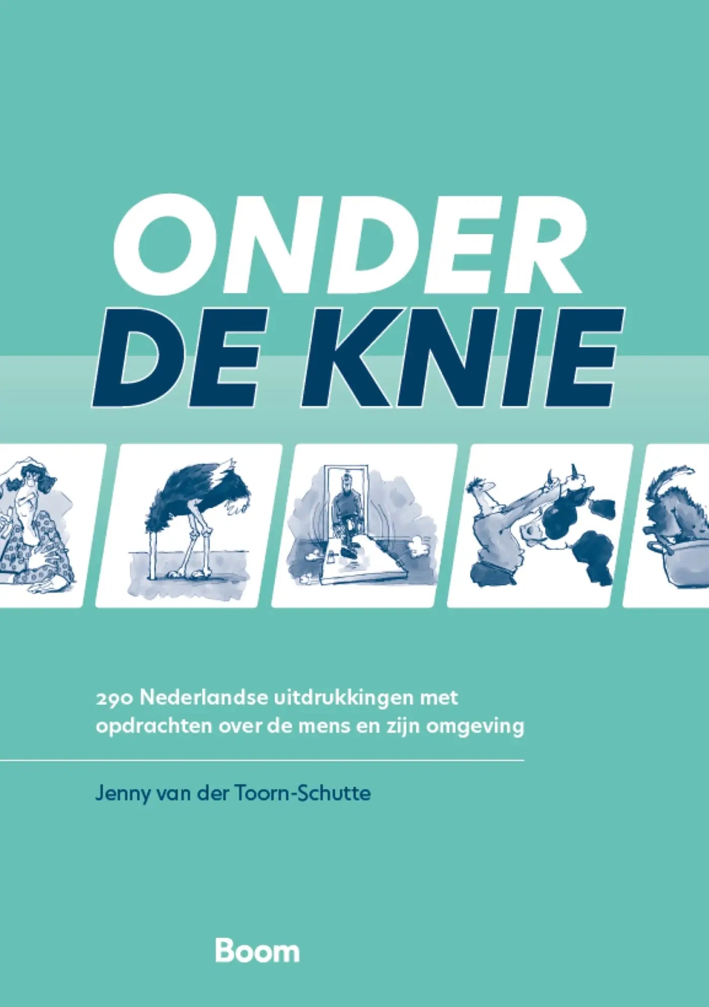 Teal kleurige boekomslag van onder de knie met zes illustraties van humoristische nederlandse uitdrukkingen
