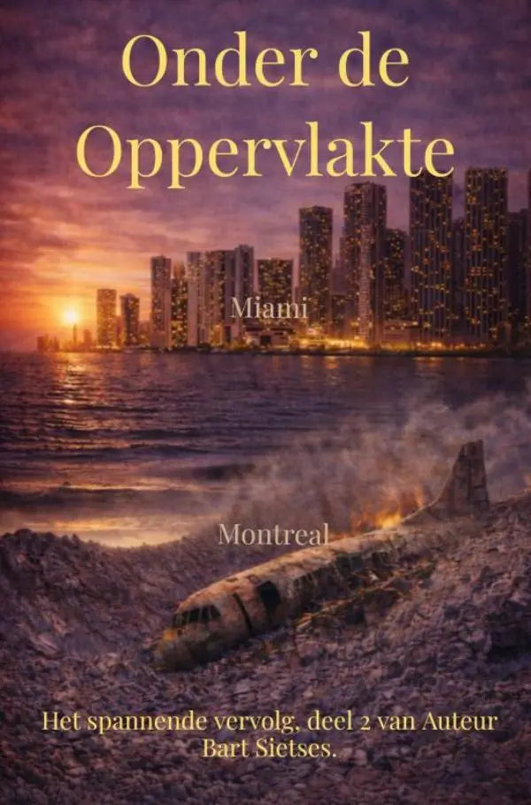 Cover van spannende vervolg onder de oppervlakte deel 2 door auteur bart sietses met vliegtuigwrak en stad in schemerlicht