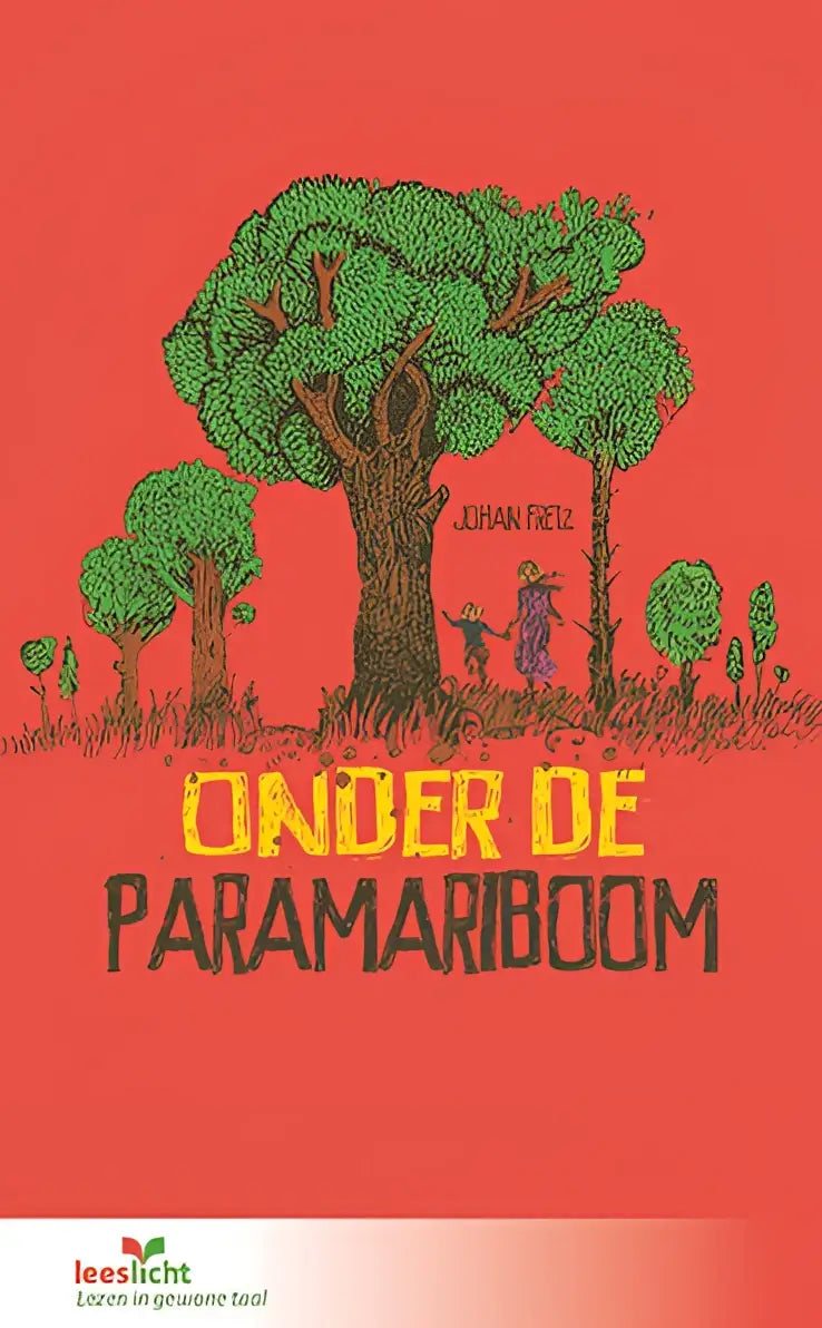Een levendige rode boekomslag van onder de paramariboom met groene bomen en twee wandelende figuren