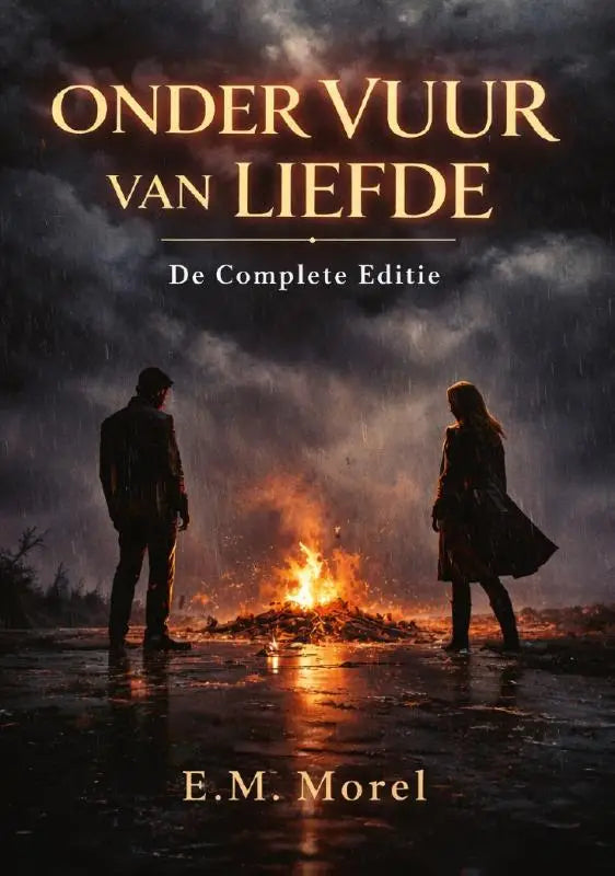 De boekcover van onder vuur van liefde de complete editie door e m met een rode achtergrond en witte tekst