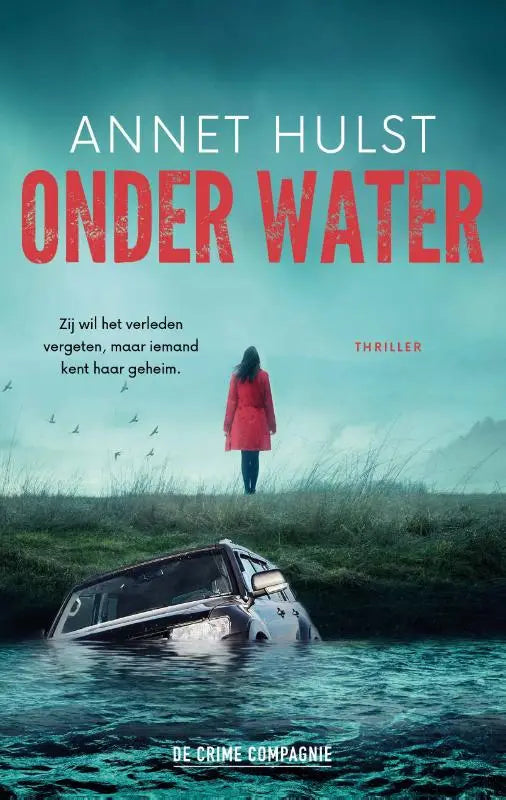Vrouw in een rode jas staat op gras en kijkt naar een half gezonken zilveren auto zij wil het verleden vergeten