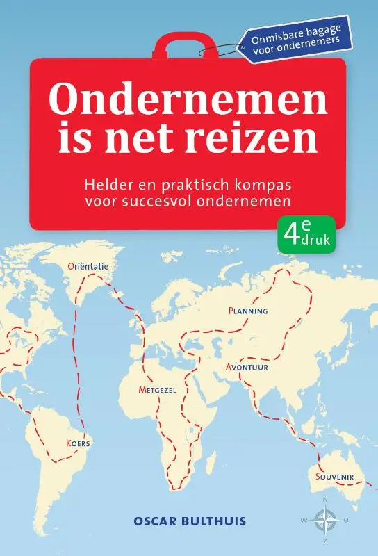 Rode koffervormige boekomslag met witte tekst en blauwe label voor praktisch kompas succesvol ondernemen