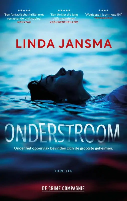 Blauwgetoonde thrillerboek cover met silhouet van vrouw zwevend in water en titel onderstroom grootste geheimen onder oppervlak bevinden