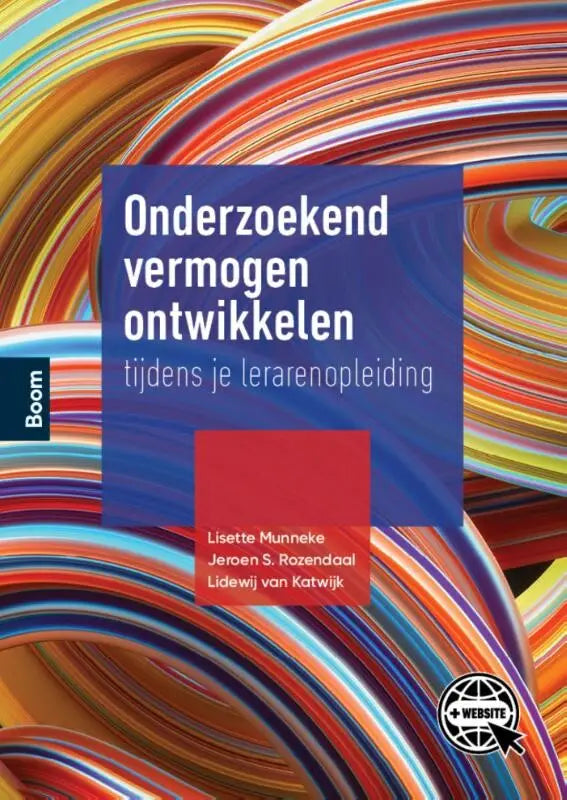 Vibrant swirl-patterned book cover with bold blue and red text titled onderzoekend vermogen ontwikkelen tijdens je lerarenopleiding by lisette munneke jeroen s