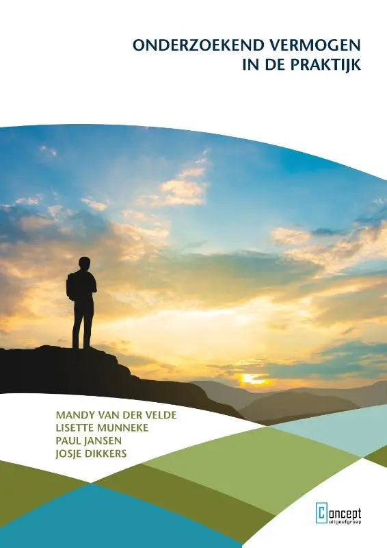De boekcover van onderzoekend vermogen in de praktijk toont een silhouet op een rots met een zonsondergang en geometrische vormen