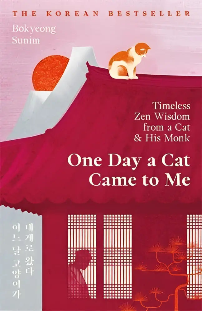 Een zachte roze boekomslag van one day a cat came met een oranje kat op een rood dak en kersenbloesempanelen