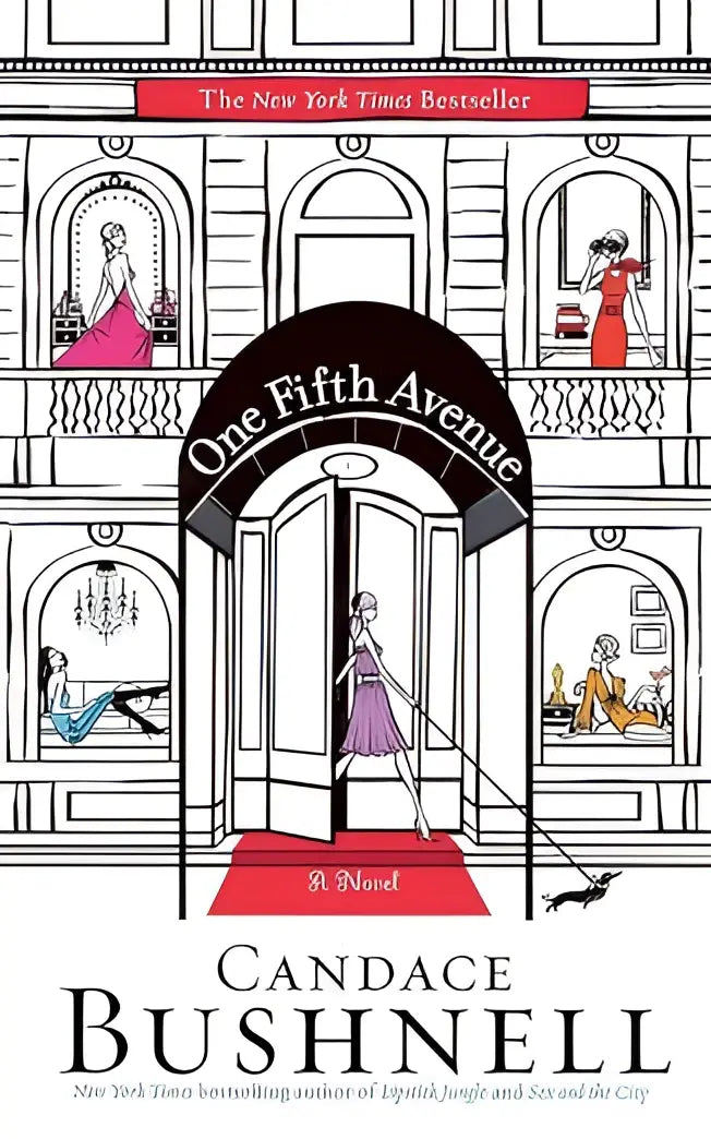 De boekomslag van One fifth avenue toont een zwart-wit illustratie van een groot gebouw met elegante figuren binnen