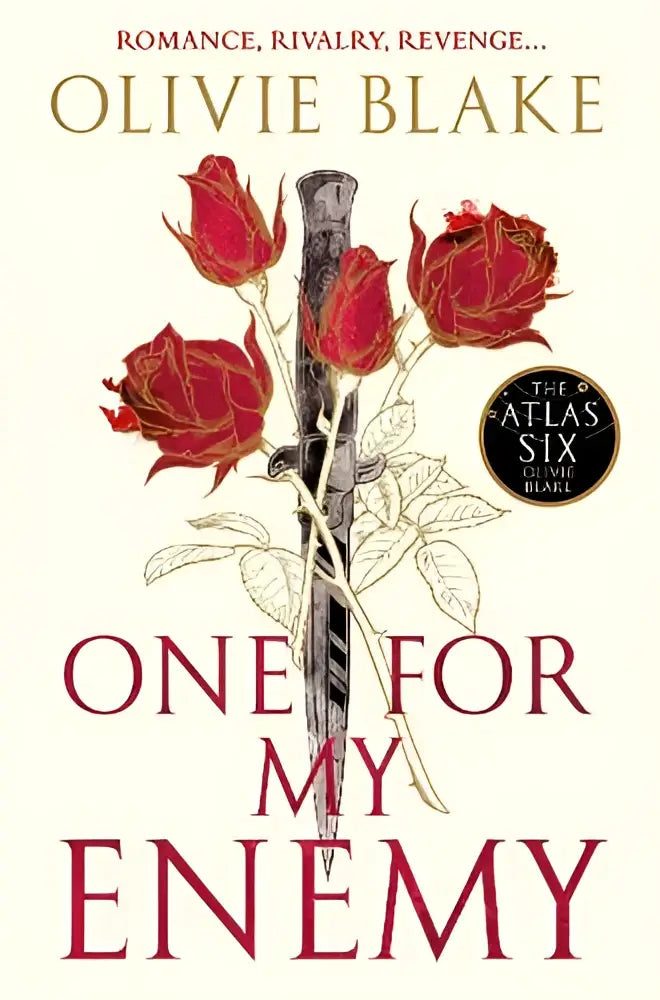 The book cover of one for my enemy shows a black and white sword illustration with red roses on an off-white background