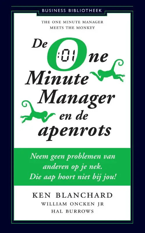 De cover van het boek one minute manager en de apenrots toont een witte achtergrond met groene apen en donkerblauwe randen