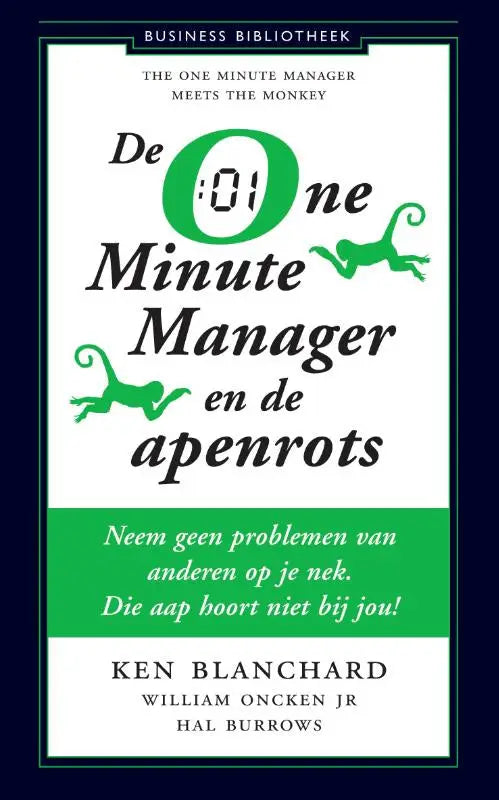 De boekcover van one minute manager en de apenrots toont de titel in zwart en groen met twee groene apen op wit met donkerblauwe rand