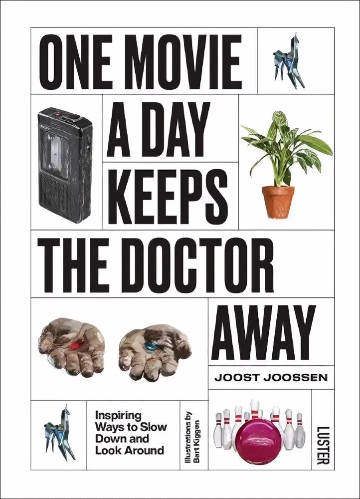 De boekcover van one movie a day keeps the doctor away toont zwart tekst en illustraties op witte achtergrond