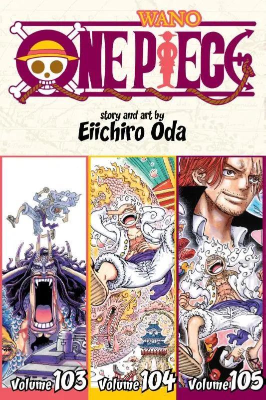 Purple and white one piece omnibus edition cover includes vols 103 104 and 105 with wano chapter logo and skull wearing straw hat