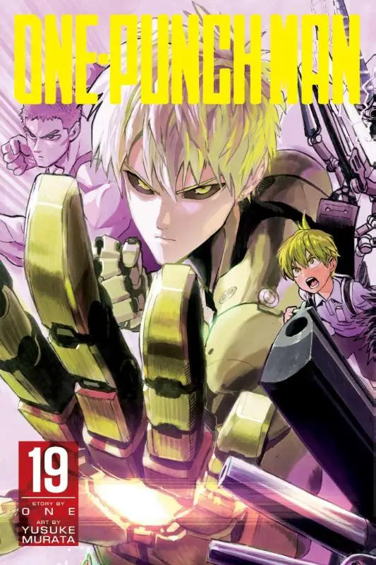 De cover van one-punch man volume 19 toont saitama in geel-zwart harnas met gloeiende vuisten