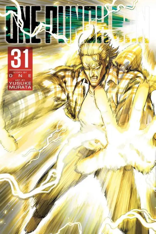 De cover van one-punch man volume 31 toont saitama in een opvallend geel wit geruit overhemd