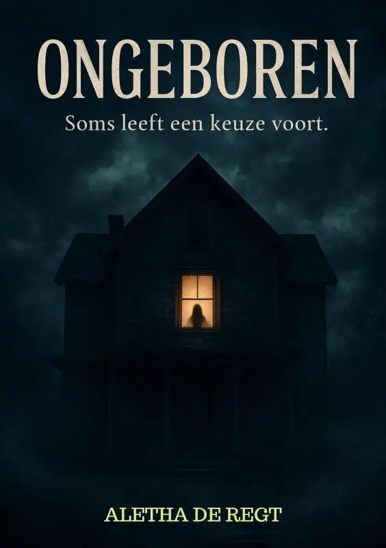 Donkere, onheilspellende huis met een gloeiend raam en een silhouet binnen passend bij ongeboren - soms leeft een keuze voort