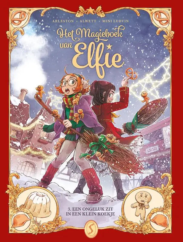 De cover van het dutse kinderboek het magieboek van ellie toont twee meisjes in kleurrijke winterkleding bij ongeluk zit in een klein koekje van christophe arleston
