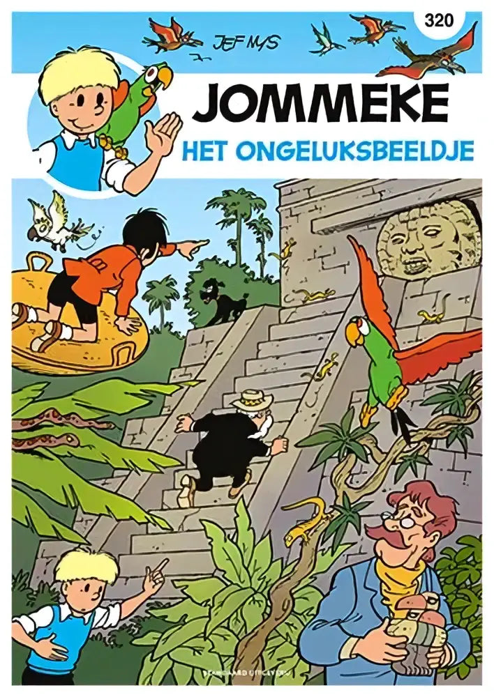 De cover van de jommeke comic book het ongeluksbeeldje toont kleurrijke illustraties met groene bladeren en oranje papegaaien kristof berte informatieve strips