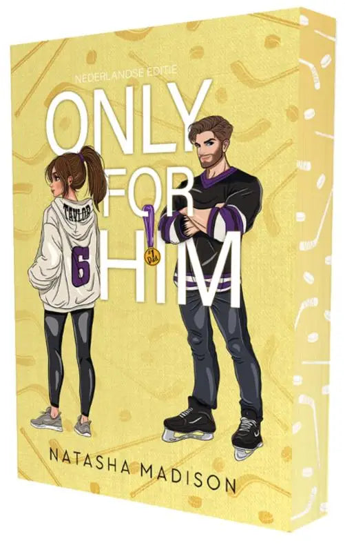 Gele boekomslag van only for him van natasha madison met cartoonillustraties van jongen en meisje in sport romance