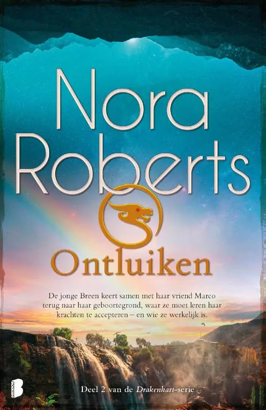 De boekcover van ontluiken toont jonge breen keert terug met vriend marco en een gouden draak bij een waterval