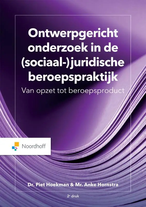 Paars boek met golvend ontwerp en witte tekst van noordhoff over ontwerpgericht onderzoek in de sociaal-juridische beroepspraktijk