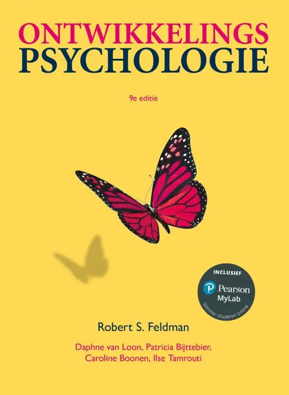 Bright yellow book cover of ontwikkelingspsychologie with vibrant pink and black monarch butterfly for hoger onderwijs